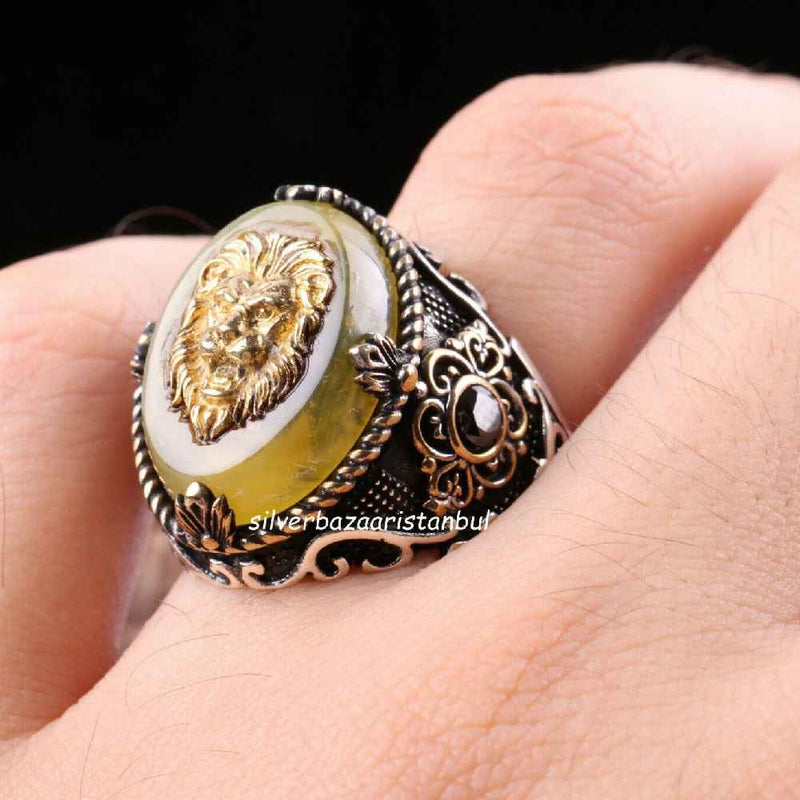 New Lion Design 925 Sterling Silver Amber Mens Ring silverbazaaristanbul 