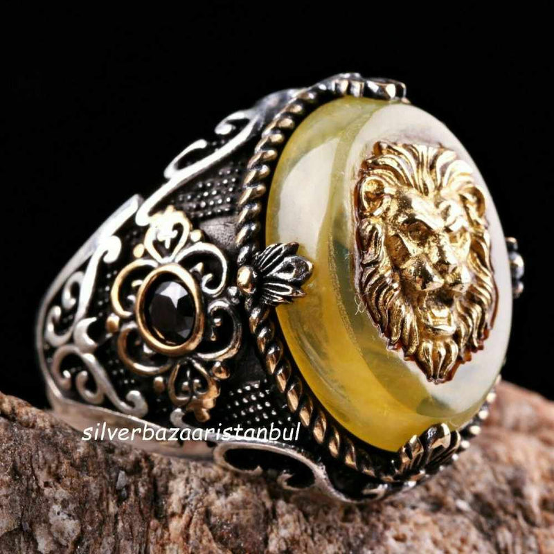 Lion Head Sterling Silver Mens Ring