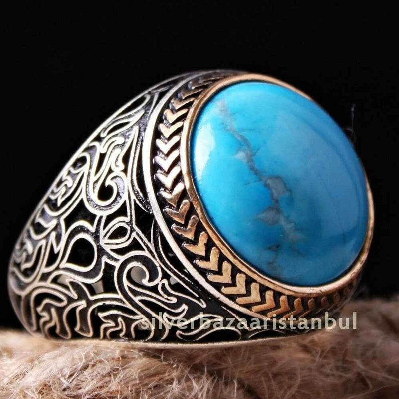 Nice Turquoise Stone Jewelry 925 Sterling Silver Mens Ring silverbazaaristanbul 