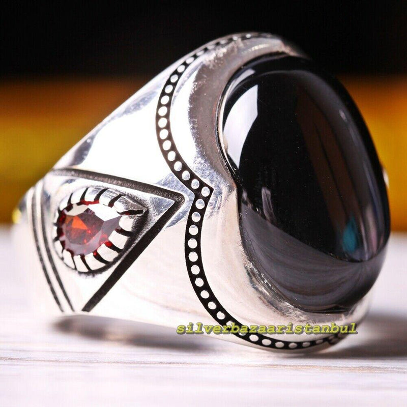 Onyx and Ruby Stone Turkish 925 Sterling Silver Mens Ring silverbazaaristanbul 