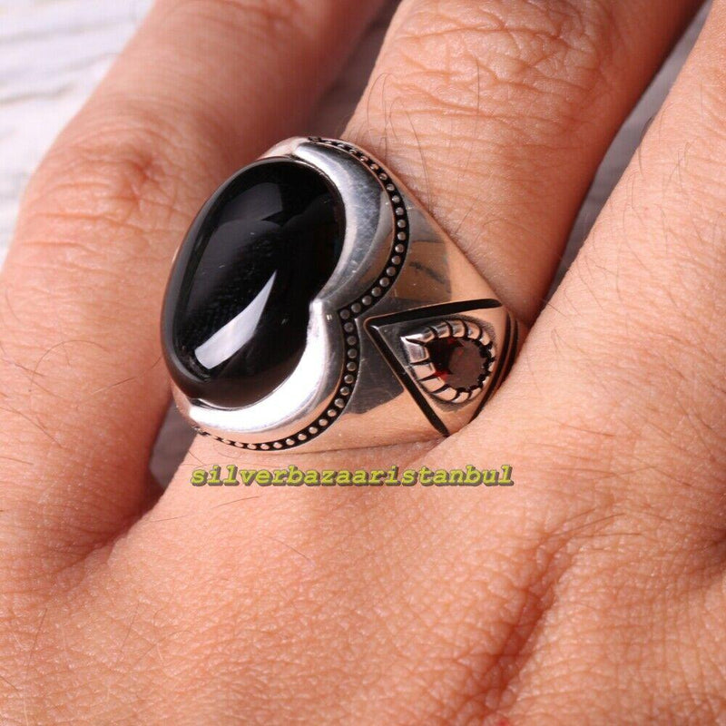 Onyx and Ruby Stone Turkish 925 Sterling Silver Mens Ring silverbazaaristanbul 
