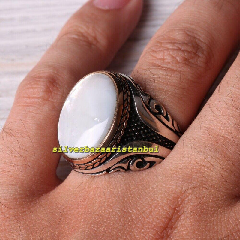 Original 925 Sterling Silver Natural Mother of Pearl Stone Mens Ring silverbazaaristanbul 