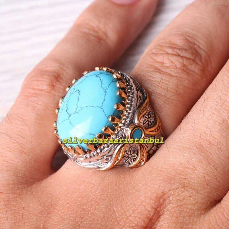 Original 925 Sterling Silver Winding Shape Turquoise Stone Mens Ring silverbazaaristanbul 