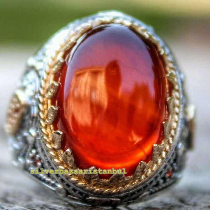 Original Carnelian Agate Aqeeq 925 Sterling Silver Mens Ring silverbazaaristanbul 