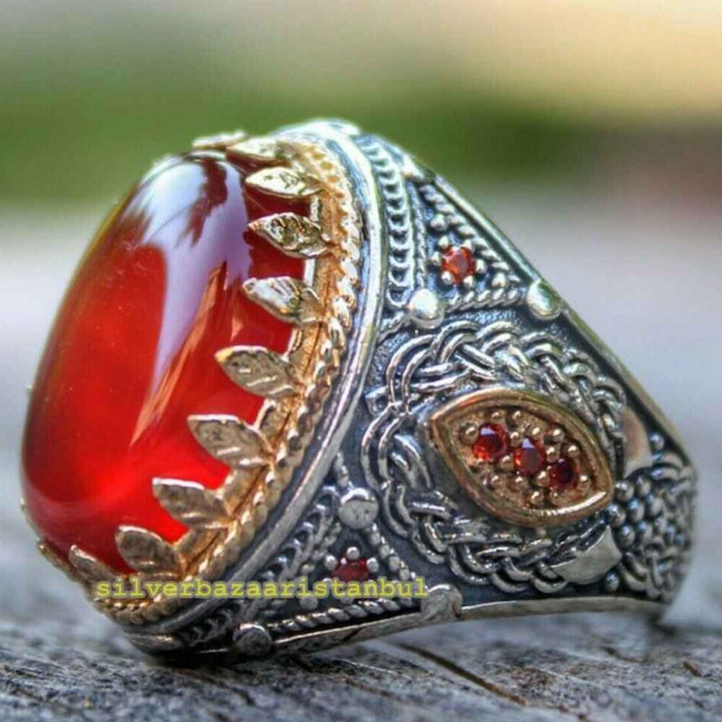 Original Carnelian Agate Aqeeq 925 Sterling Silver Mens Ring silverbazaaristanbul 