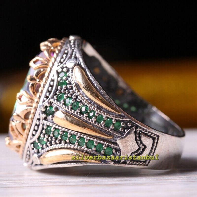 Original Tourmaline and Emerald Stone 925 Sterling Silver Mens Ring silverbazaaristanbul 