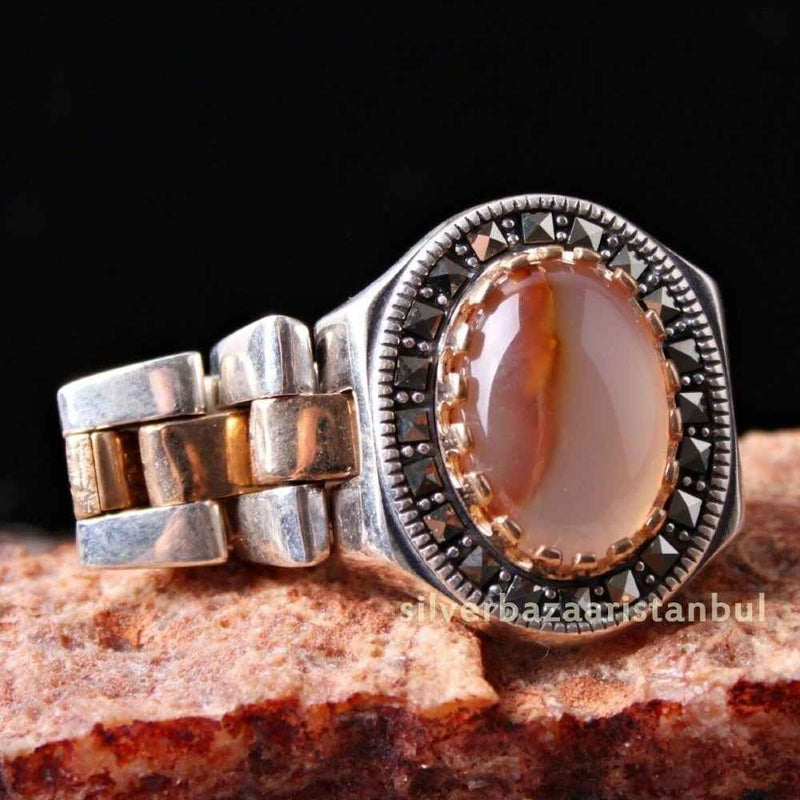 Original Yemeni Agate Aqeeq Stone 925 Sterling Silver Mens Ring silverbazaaristanbul 