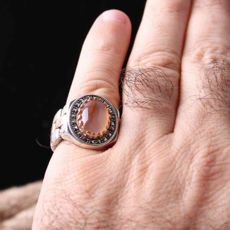 Original Yemeni Agate Aqeeq Stone 925 Sterling Silver Mens Ring silverbazaaristanbul 