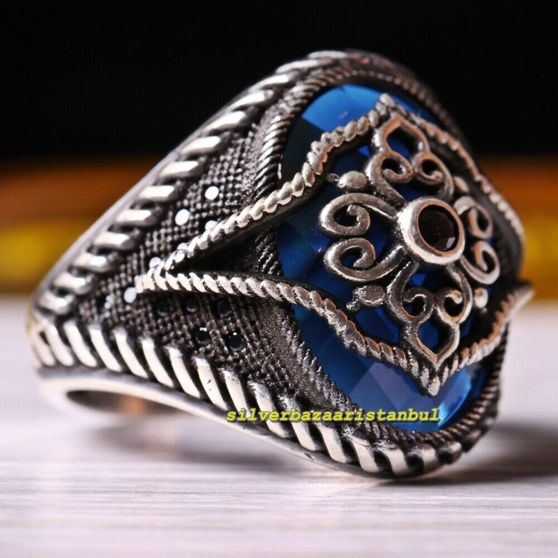 Ottoman 925 Sterling Silver Blue Sapphire Mens Ring silverbazaaristanbul 