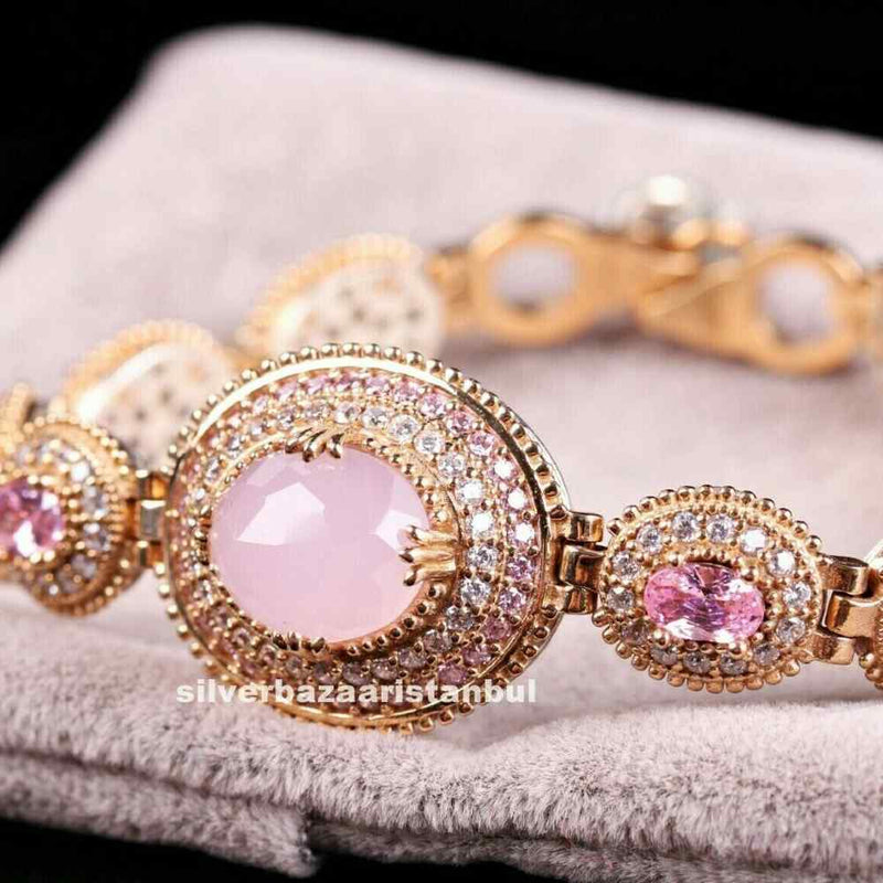 Oval Agate Stone Luxury 925 Sterling Silver Pink Women Bracelet silverbazaaristanbul 