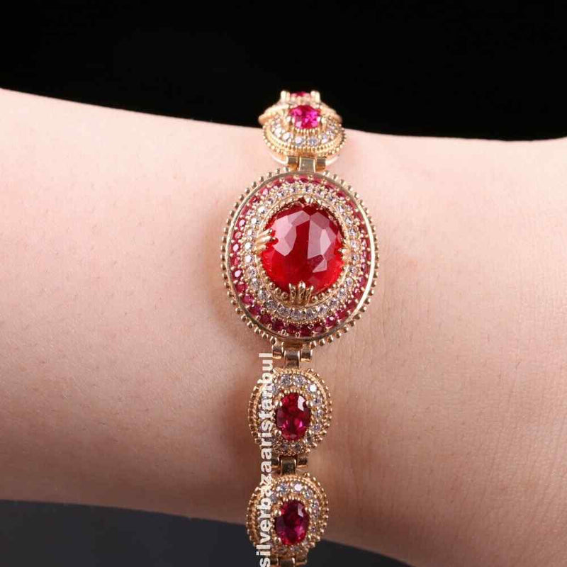 Oval Ruby Stone Luxury 925 Sterling Silver Red Women Bracelet silverbazaaristanbul 