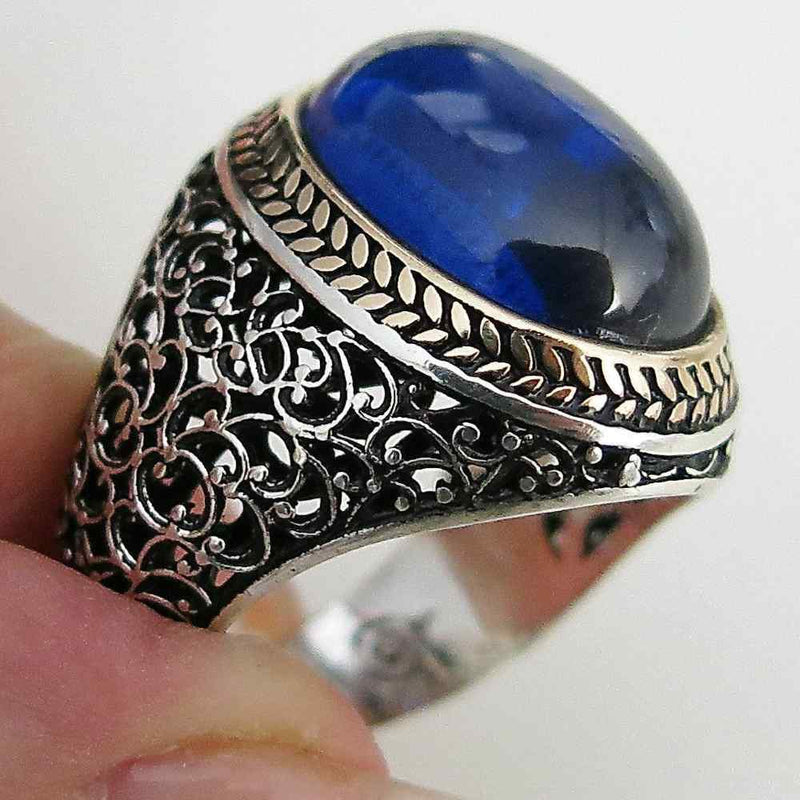 Oval Shiny Sapphire 925 Sterling Silver Mens Ring silverbazaaristanbul 