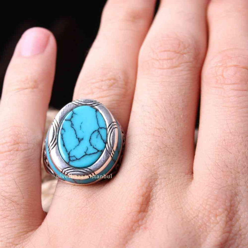 Oval Turquoise Stone Jewelry 925 Sterling Silver Mens Ring silverbazaaristanbul 