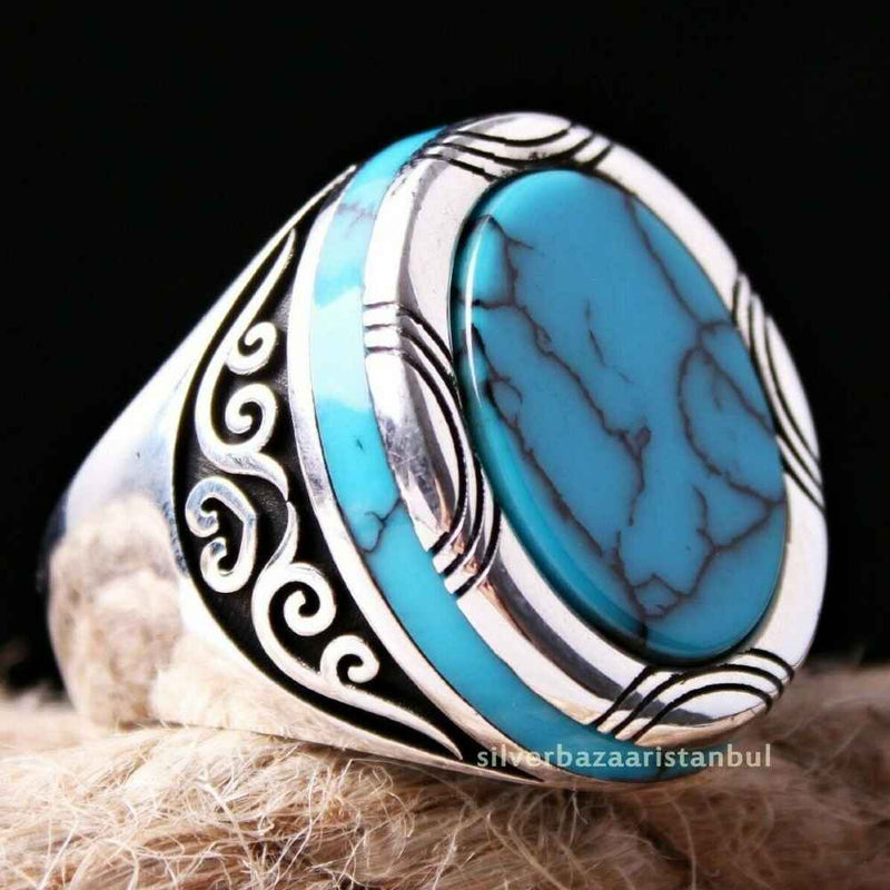 Oval Turquoise Stone Jewelry 925 Sterling Silver Mens Ring silverbazaaristanbul 