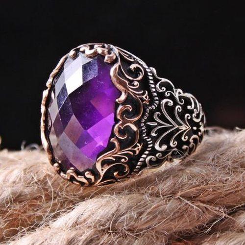 Purple Amethyst Stone Handsome Turkish 925 Sterling Silver Mens Ring silverbazaaristanbul 
