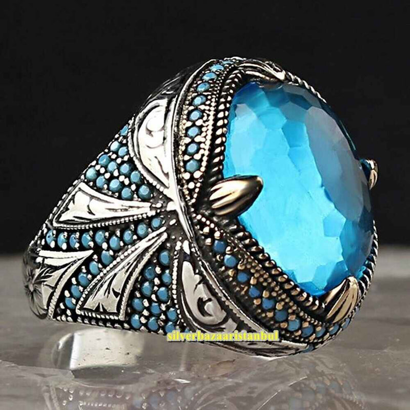 Real Cut Aquamarine Handmade 925 Sterling Silver Vintage Mens Ring silverbazaaristanbul 