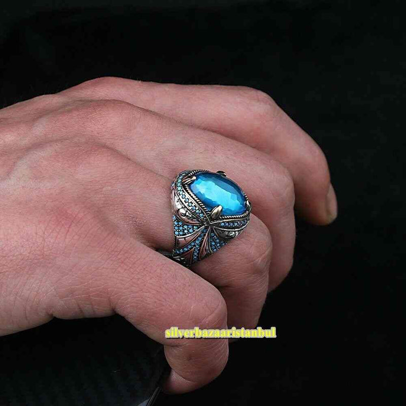 Real Cut Aquamarine Handmade 925 Sterling Silver Vintage Mens Ring silverbazaaristanbul 