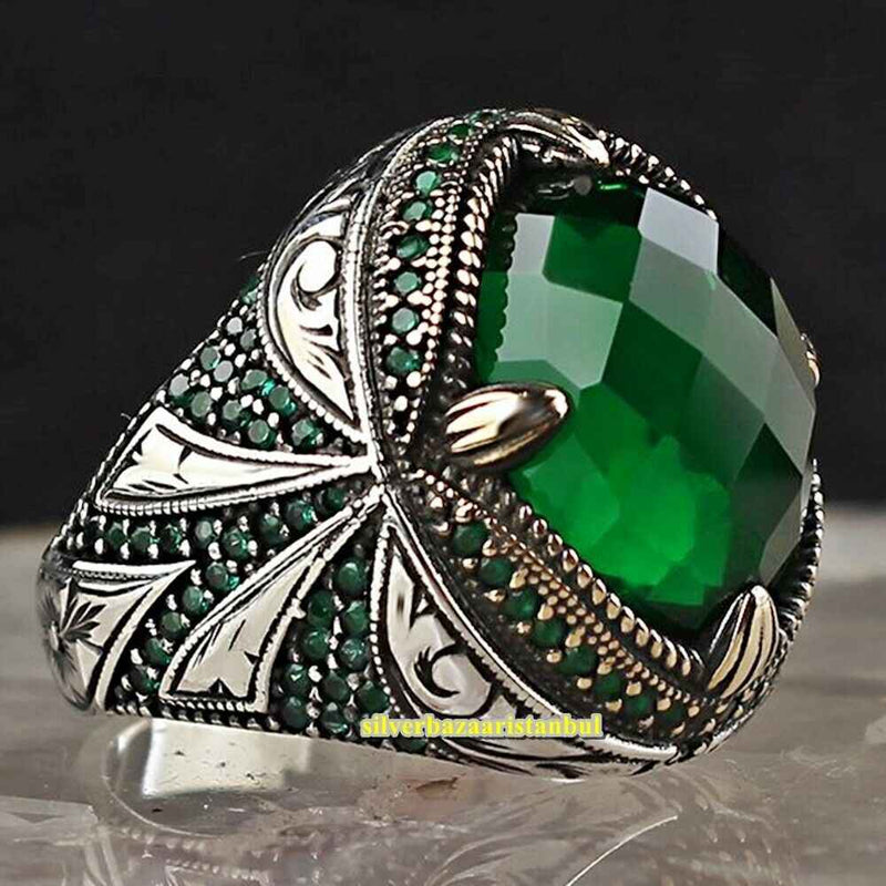 Real Cut Emerald Handmade 925 Sterling Silver Vintage Mens Ring silverbazaaristanbul 