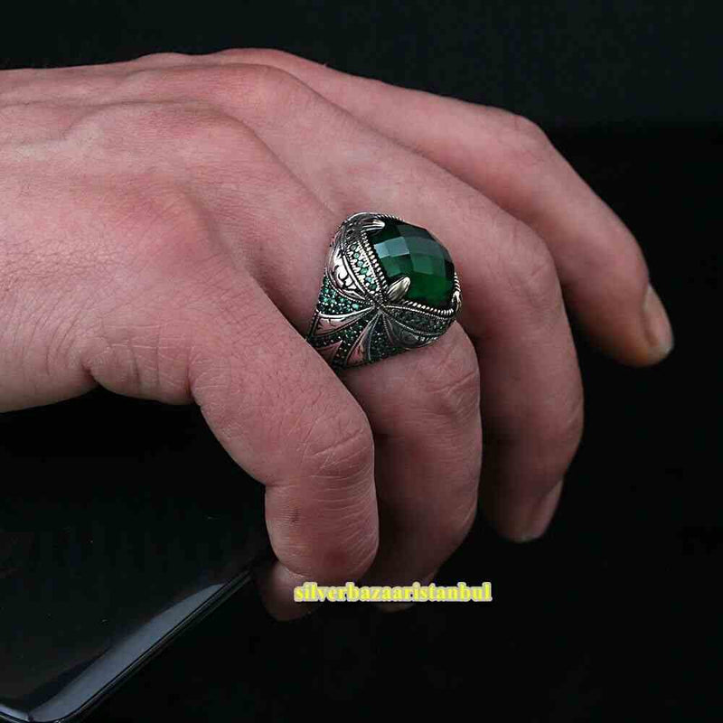 Real Cut Emerald Handmade 925 Sterling Silver Vintage Mens Ring silverbazaaristanbul 
