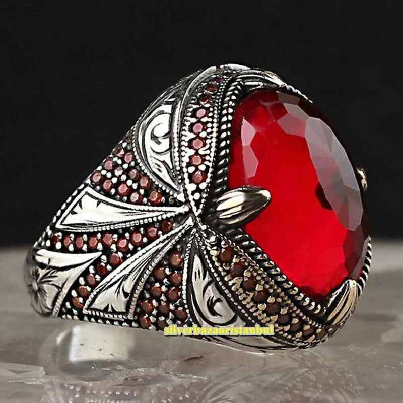 Real Cut Ruby Handmade 925 Sterling Silver Vintage Mens Ring silverbazaaristanbul 
