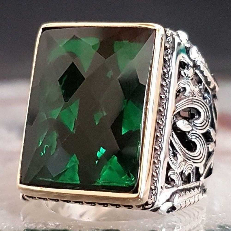 Rectangular Solid 925 Sterling Silver Emerald Stone Heavy Mens Ring silverbazaaristanbul 