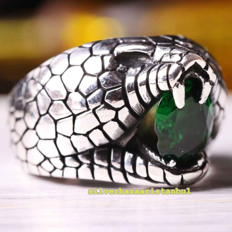 Roaring Lion Handmade Emerald Stone 925 Sterling Silver Mens Ring silverbazaaristanbul 