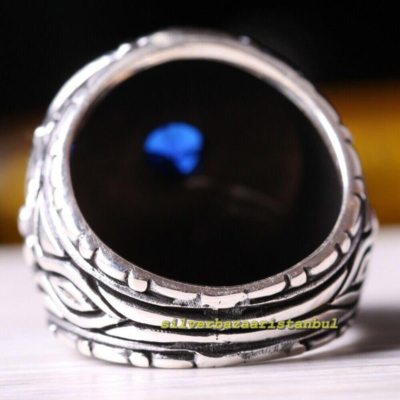 Round Blue Sapphire Stone Handmade 925 Sterling Silver Mens Ring silverbazaaristanbul 