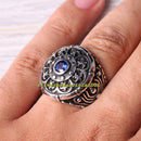 Round Blue Sapphire Stone Handmade 925 Sterling Silver Mens Ring silverbazaaristanbul 