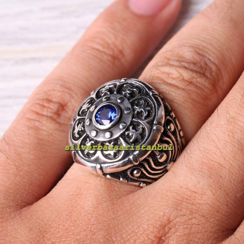 Round Blue Sapphire Stone Handmade 925 Sterling Silver Mens Ring silverbazaaristanbul 
