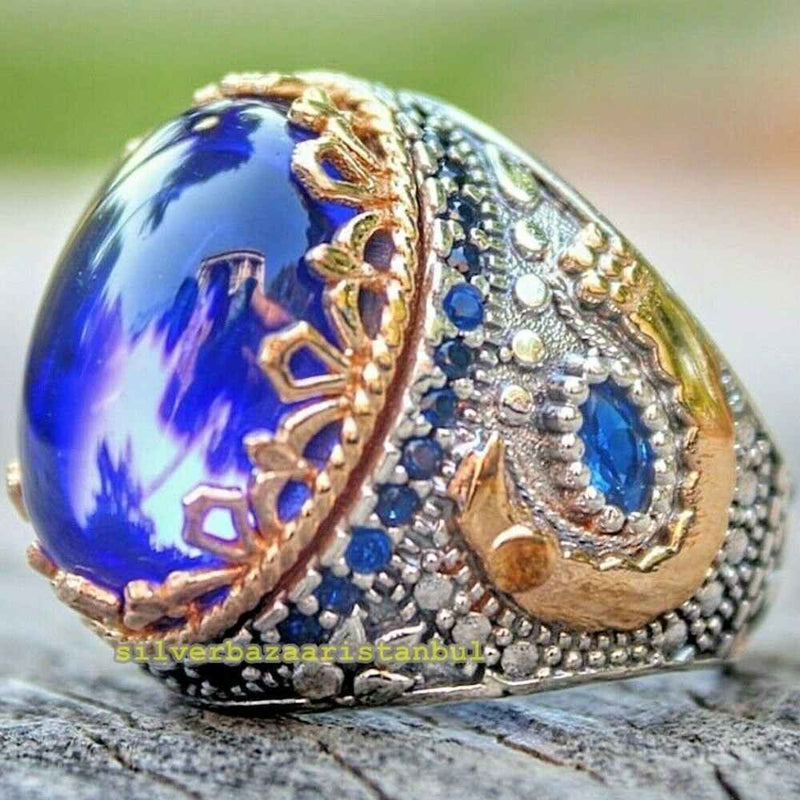 Round Small Multi Stones 925 Sterling Silver Sapphire Mens Ring silverbazaaristanbul 