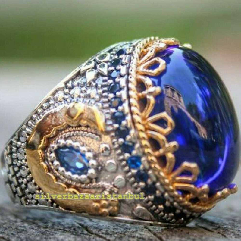 Round Small Multi Stones 925 Sterling Silver Sapphire Mens Ring silverbazaaristanbul 