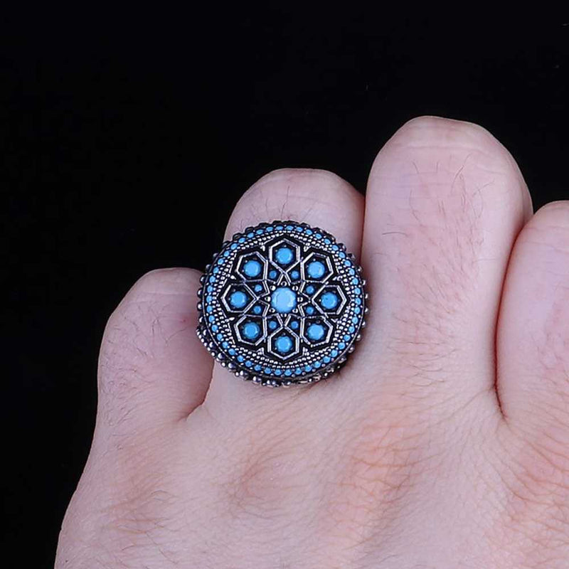 Round Small Multi Turquoise Stones 925 Sterling Silver Mens Ring silverbazaaristanbul 