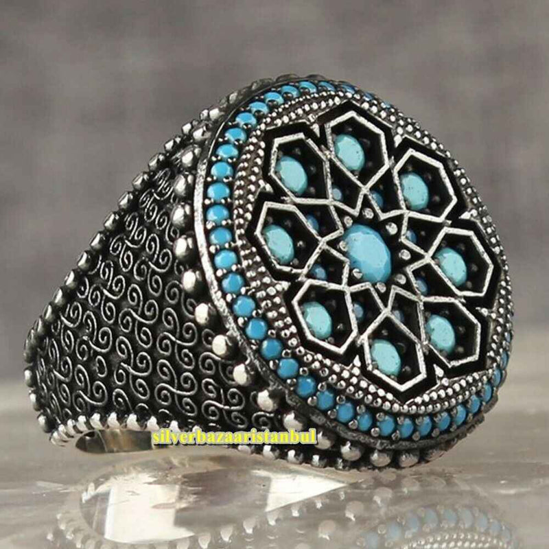 Round Small Multi Turquoise Stones 925 Sterling Silver Mens Ring silverbazaaristanbul 