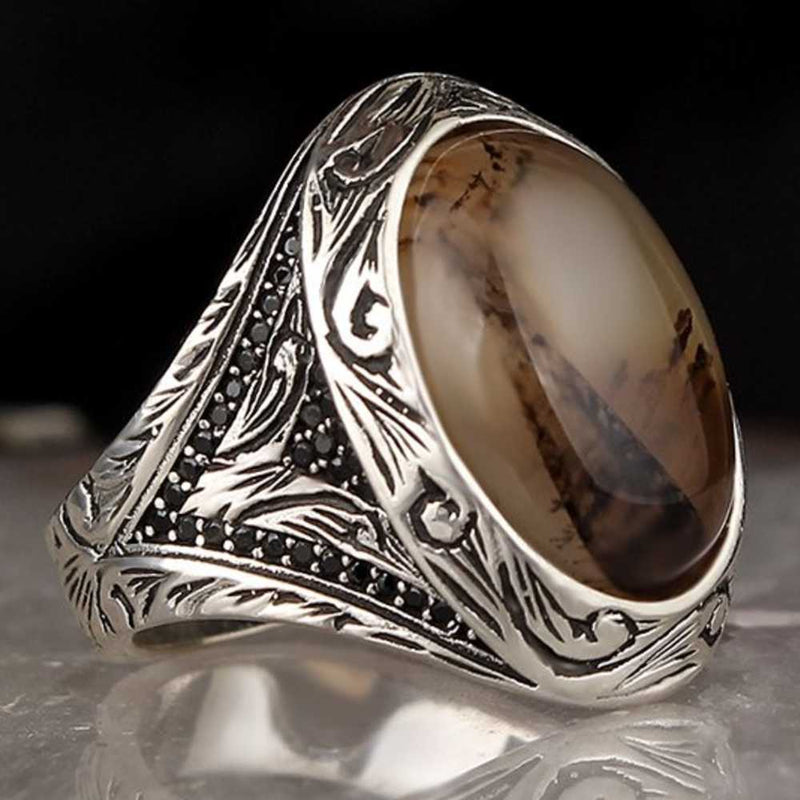 Royal 925 Sterling Silver Natural Yemeni Agate Stone Mens Ring silverbazaaristanbul 