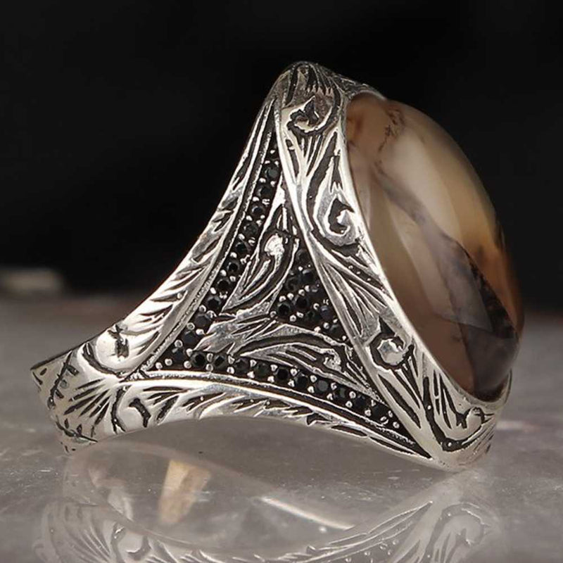 Royal 925 Sterling Silver Natural Yemeni Agate Stone Mens Ring silverbazaaristanbul 