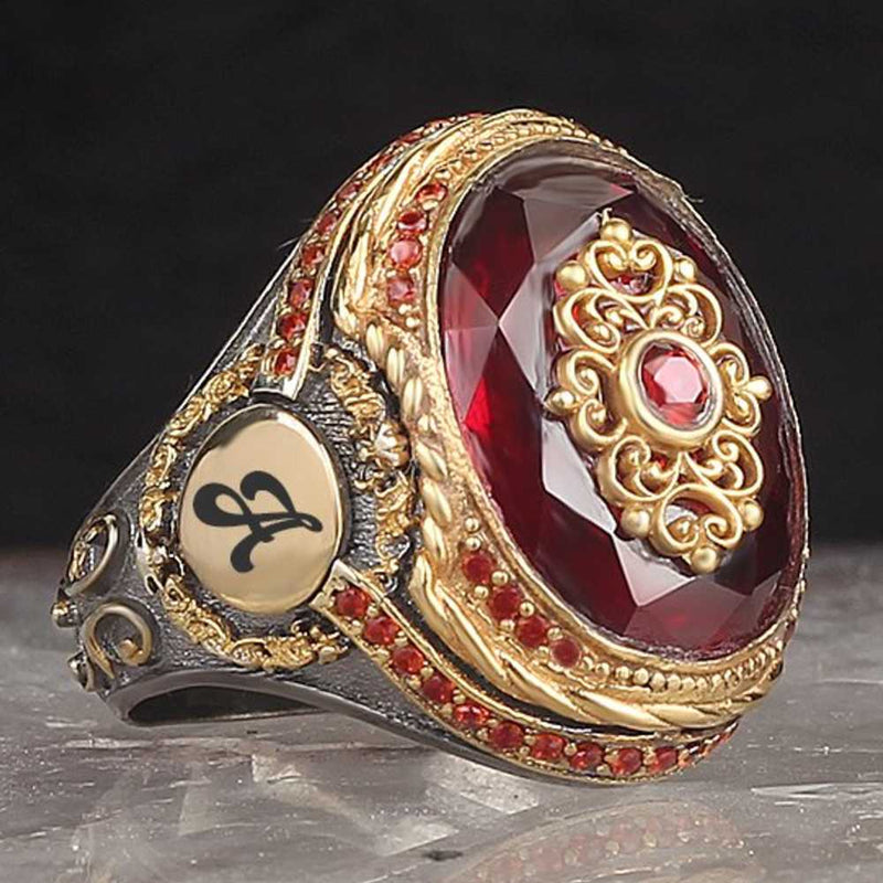 Ruby Stone Customizable Two Letter 925 Sterling Silver Mens Ring silverbazaaristanbul 