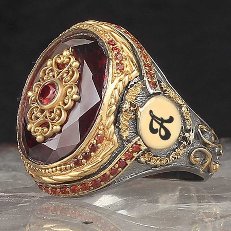 Ruby Stone Customizable Two Letter 925 Sterling Silver Mens Ring silverbazaaristanbul 