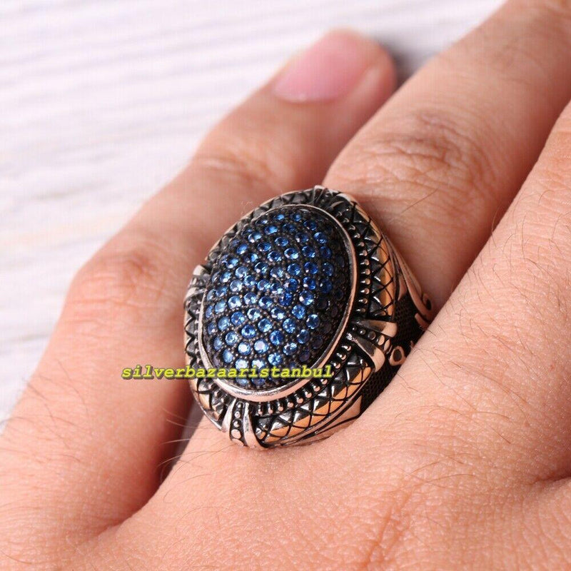 Sailor Anchor Design 925 Sterling Silver Sapphire Stone Mens Ring silverbazaaristanbul 