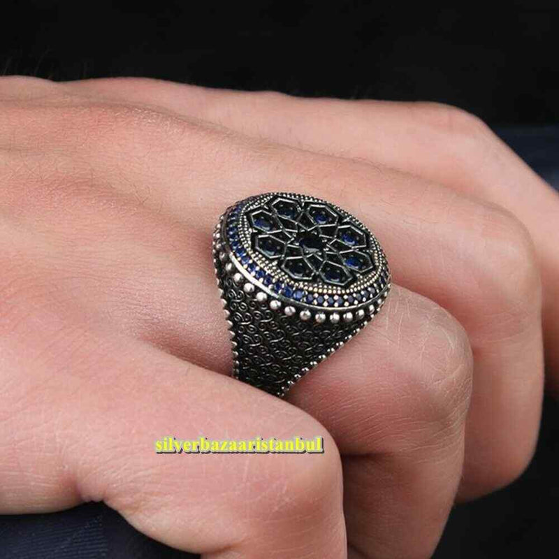 Sapphire Multi Stone Blue 925 Sterling Silver Mens Ring silverbazaaristanbul 