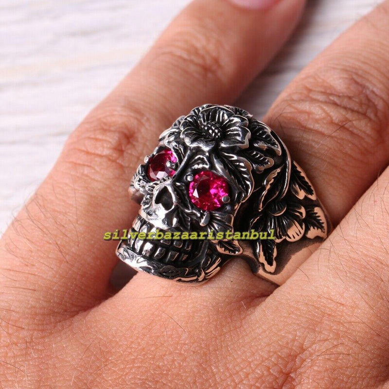 Skull Gothic Red Ruby Stone Handmade 925 Sterling Silver Mens Ring silverbazaaristanbul 