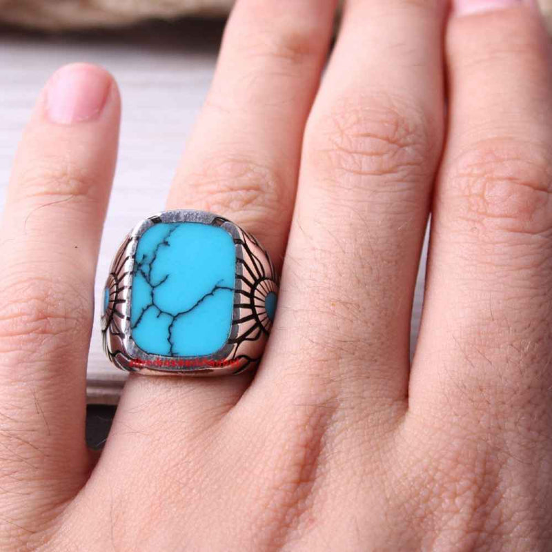 Solid Turquoise Stone Jewelry 925 Sterling Silver Mens Ring silverbazaaristanbul 