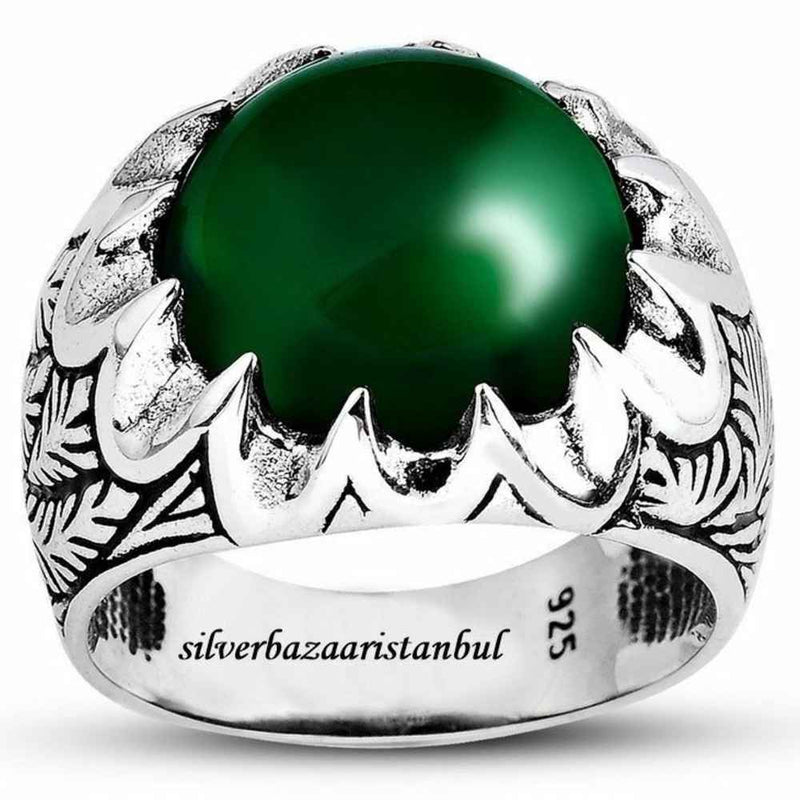 Sovereign Green Stone Handmade 925 Sterling Silver Mens Ring silverbazaaristanbul 