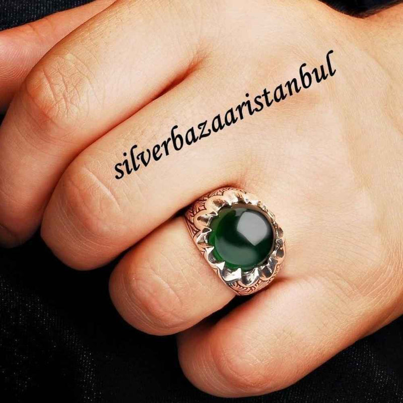 Sovereign Green Stone Handmade 925 Sterling Silver Mens Ring silverbazaaristanbul 