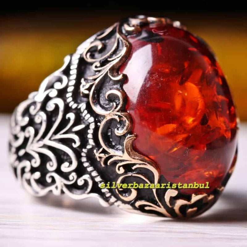 Special Orange Amber Stone Exclusive 925 Sterling Silver Mens Ring silverbazaaristanbul 