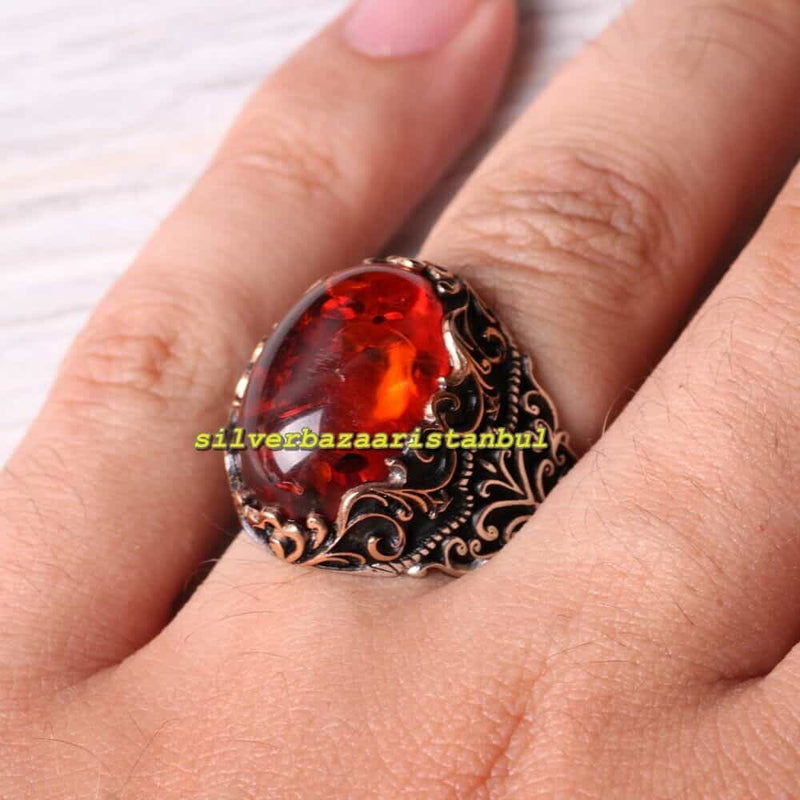 Special Orange Amber Stone Exclusive 925 Sterling Silver Mens Ring silverbazaaristanbul 