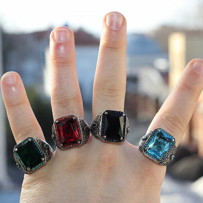 Stylish Green Emerald Stone 925 Sterling Silver Mens Ring