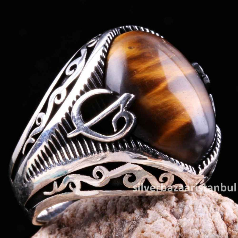 Tigers Eye Stone İslamic Vav 925 Sterling Silver Men Ring silverbazaaristanbul 