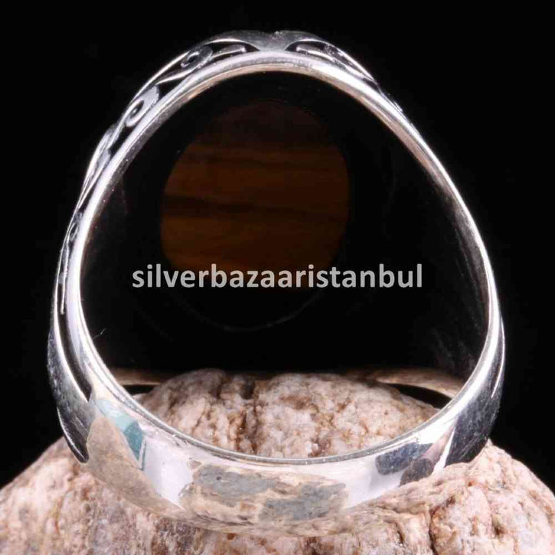 Tigers Eye Stone İslamic Vav 925 Sterling Silver Men Ring silverbazaaristanbul 