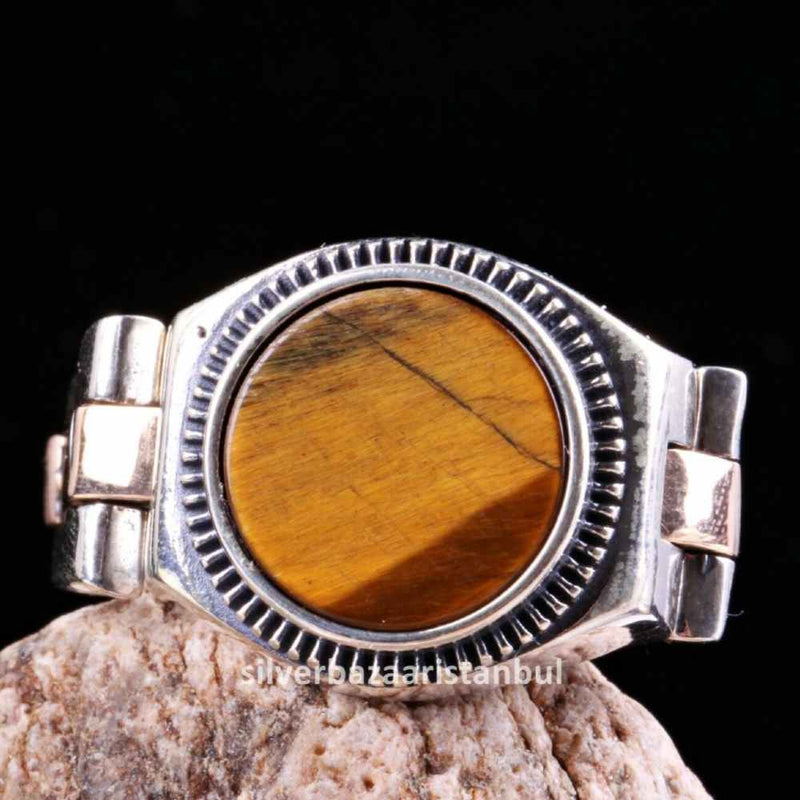 Tigers Eye Stone Jewelry Clock 925 Sterling Silver Men Ring silverbazaaristanbul 