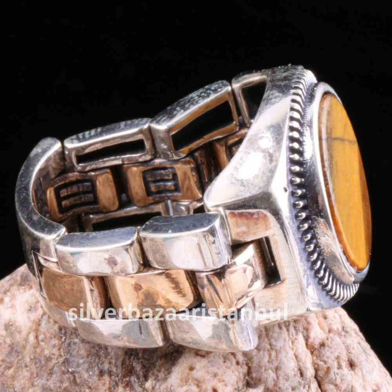 Tigers Eye Stone Jewelry Clock 925 Sterling Silver Men Ring silverbazaaristanbul 